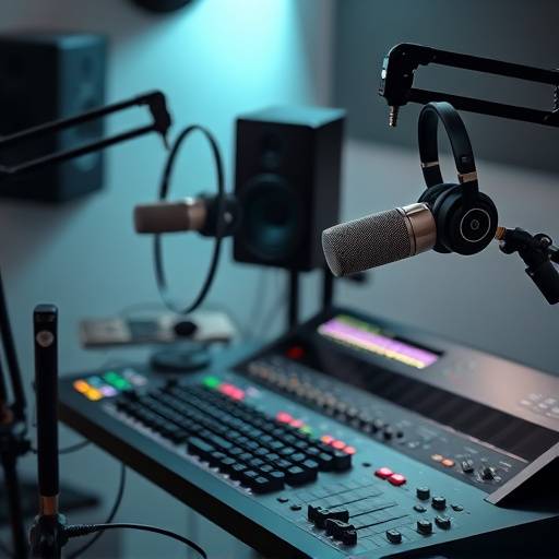 A podcasting setup with two microphones, headphones, and a mixing console