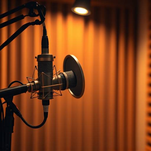 A voice-over artist speaking into a microphone in a soundproof booth