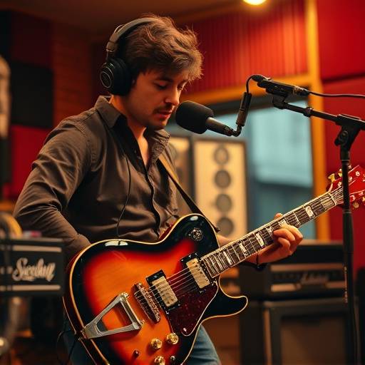 Musician playing a vintage electric guitar in a recording studio session